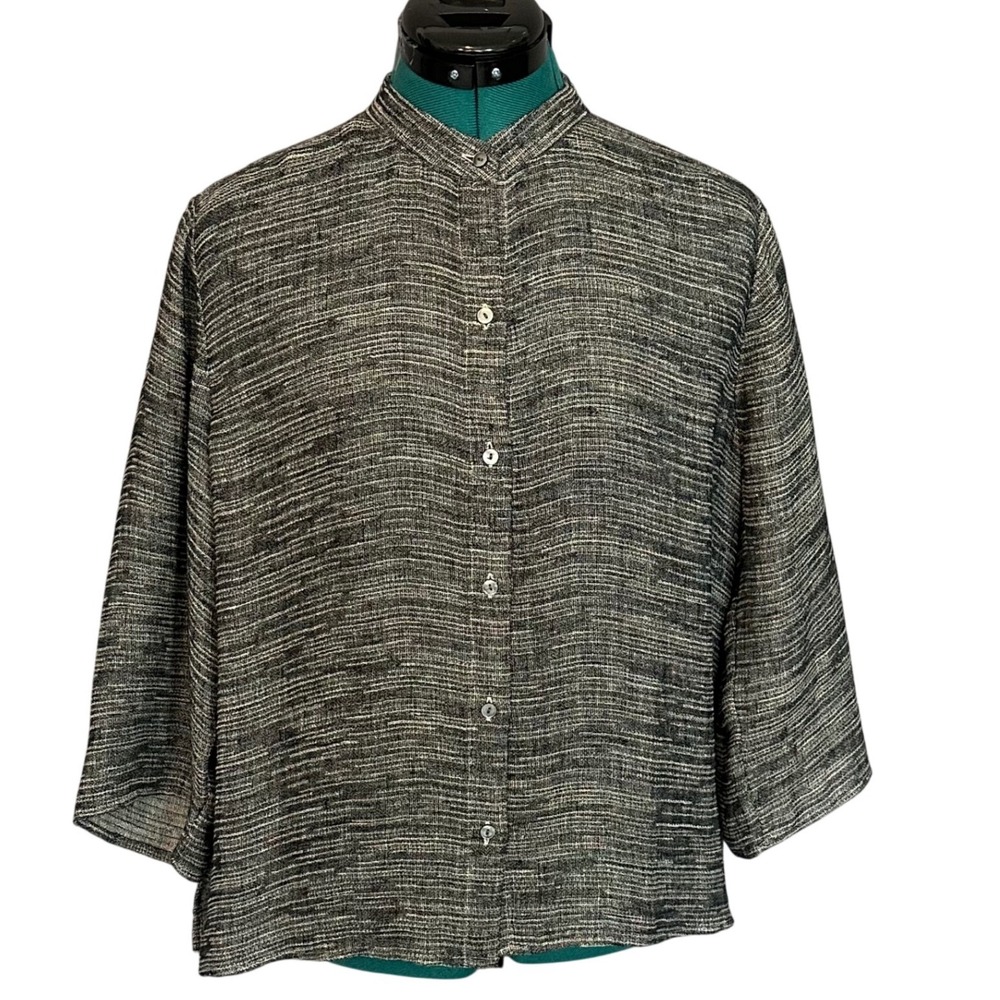 Eileen Fisher Organic Linen Gauze Strata Mandarin‎ Collar Button Up Shirt Small